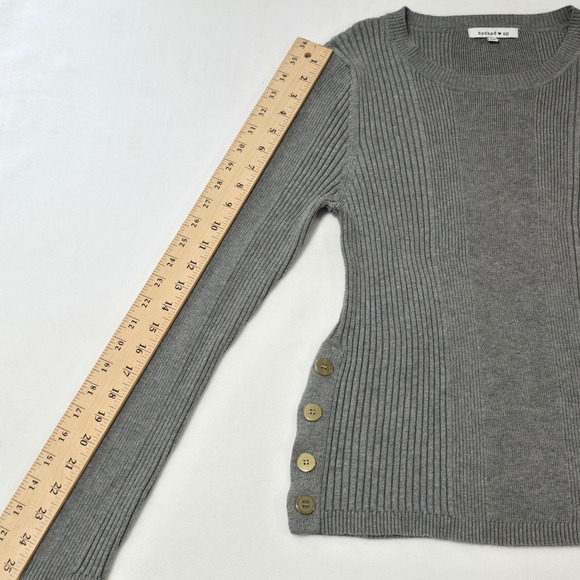 Hooked Up Grey Ribbed Sweater Gold Button Accents XL Henley Soft Stretch - Picture 12 of 12